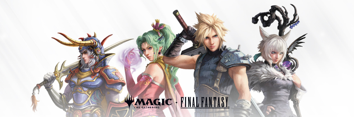 Vier ikonische Final-Fantasy-Charaktere in Fantasy-Outfits vor weißem Hintergrund, darunter Cloud Strife, mit Logos von Magic: The Gathering und Final Fantasy.